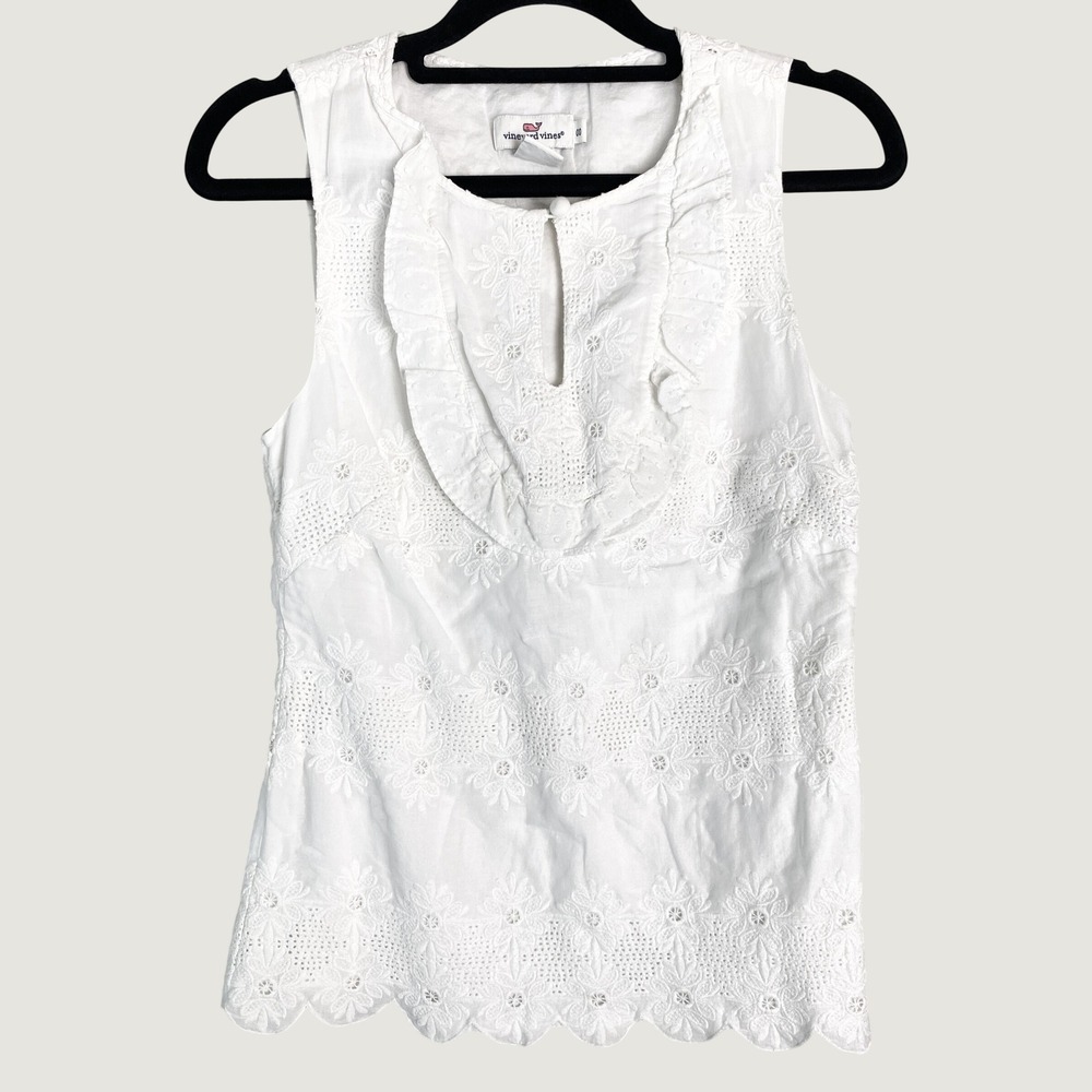 Vineyard Vines Women Sleeveless Top 00 White Eyelet Ruffle Cotton Preppy Coastal